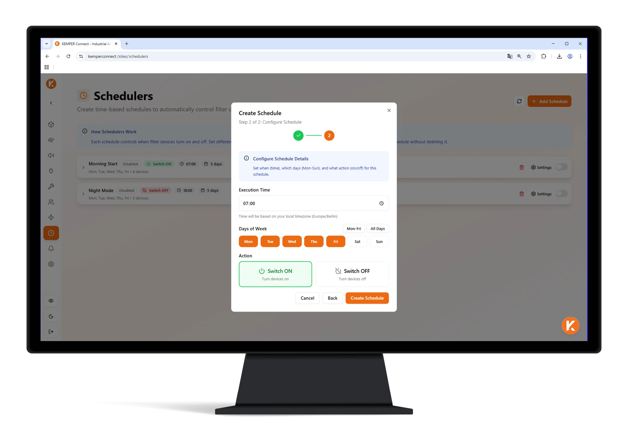 Panel de la plataforma KEMPER Connect para la supervisión y gestión digital de sistemas de aspiración y filtración.