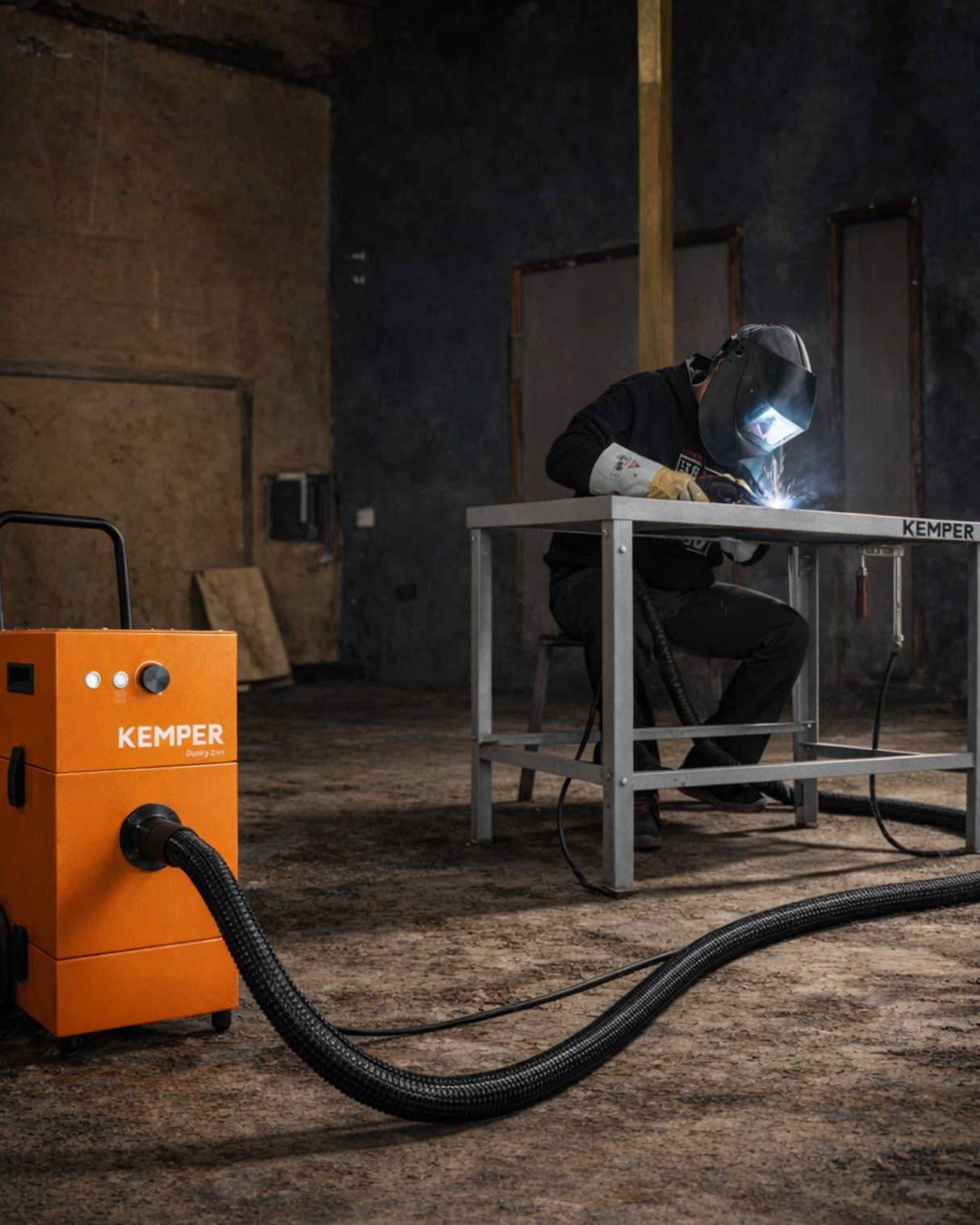 Schweißer mit Schutzhelm arbeitet an einem Metalltisch, während ein orangefarbenes KEMPER Absauggerät mit angeschlossenem Schlauch die entstehenden Schweißrauche absaugt.