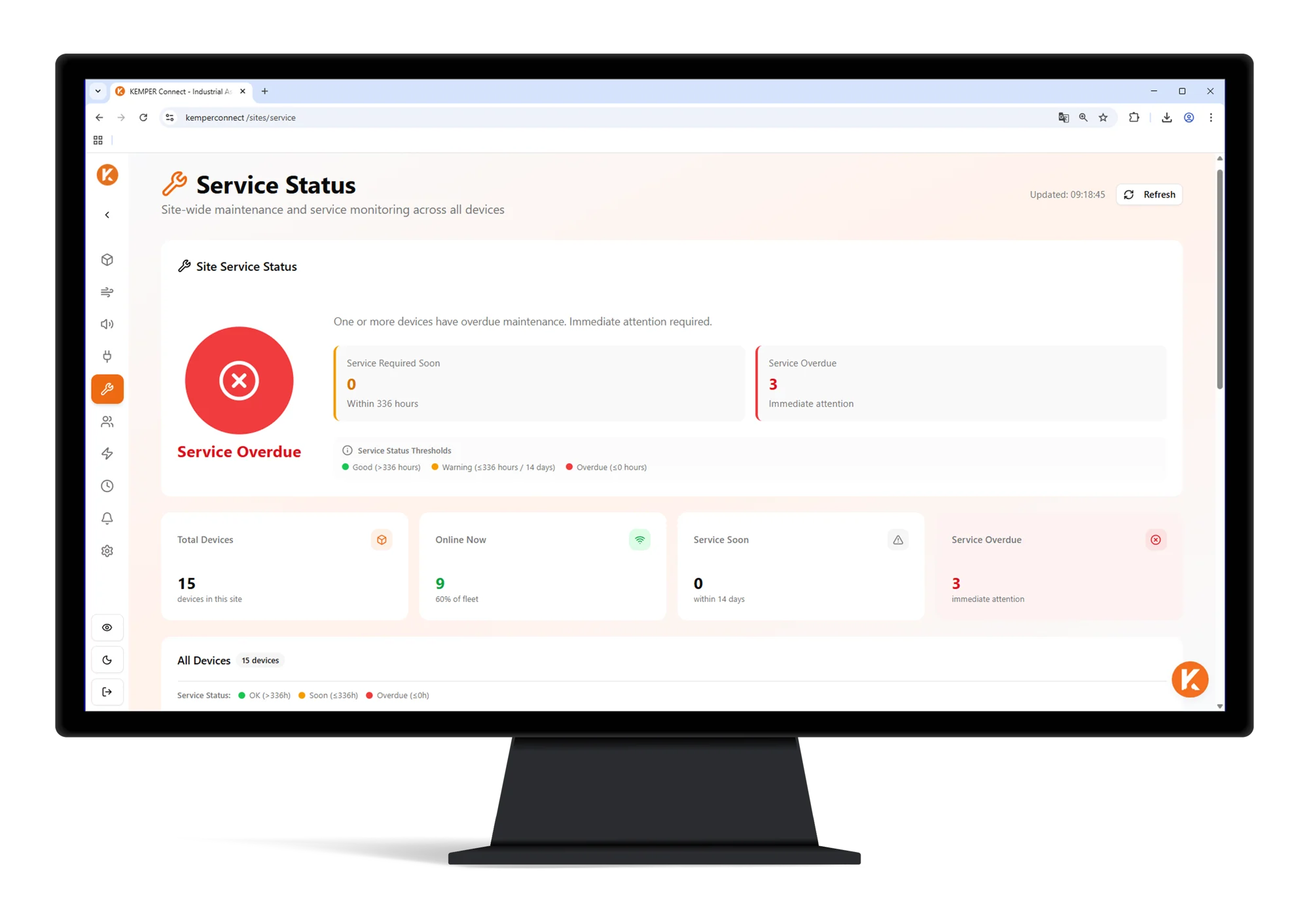 Panel de la plataforma KEMPER Connect para la supervisión y gestión digital de sistemas de aspiración y filtración.