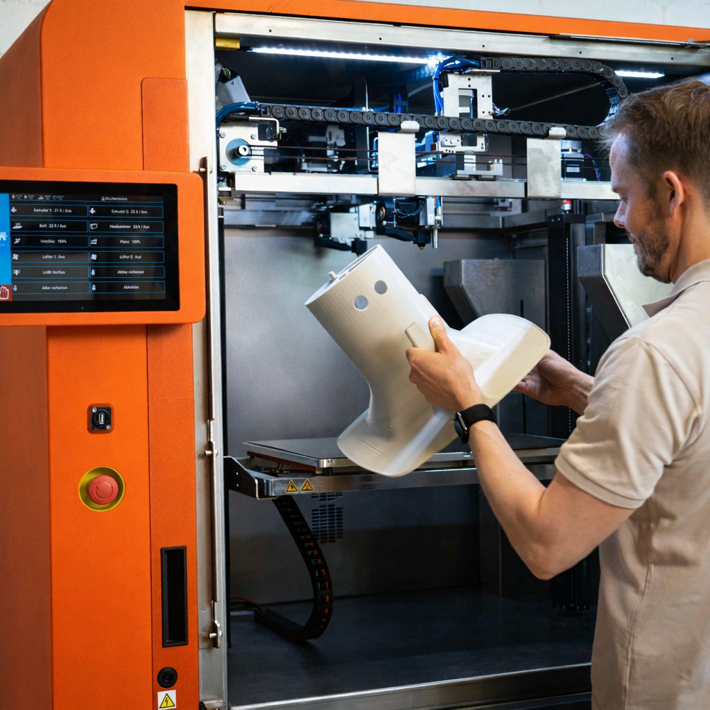 Employee removing a component from an industrial 3D printing machine in a production environment