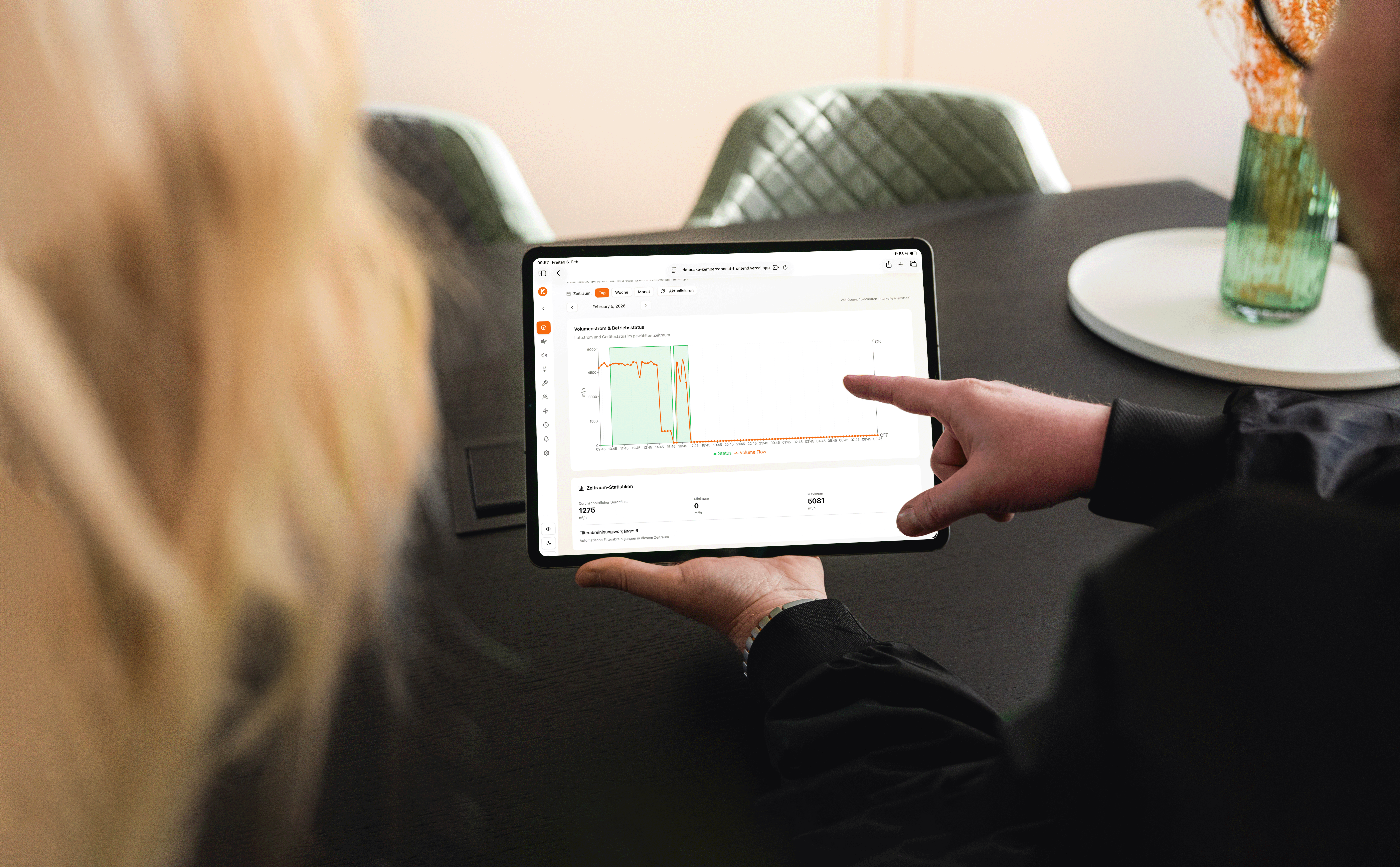 Tablet displaying the KEMPER Connect dashboard with performance and operating data of an industrial extraction system.