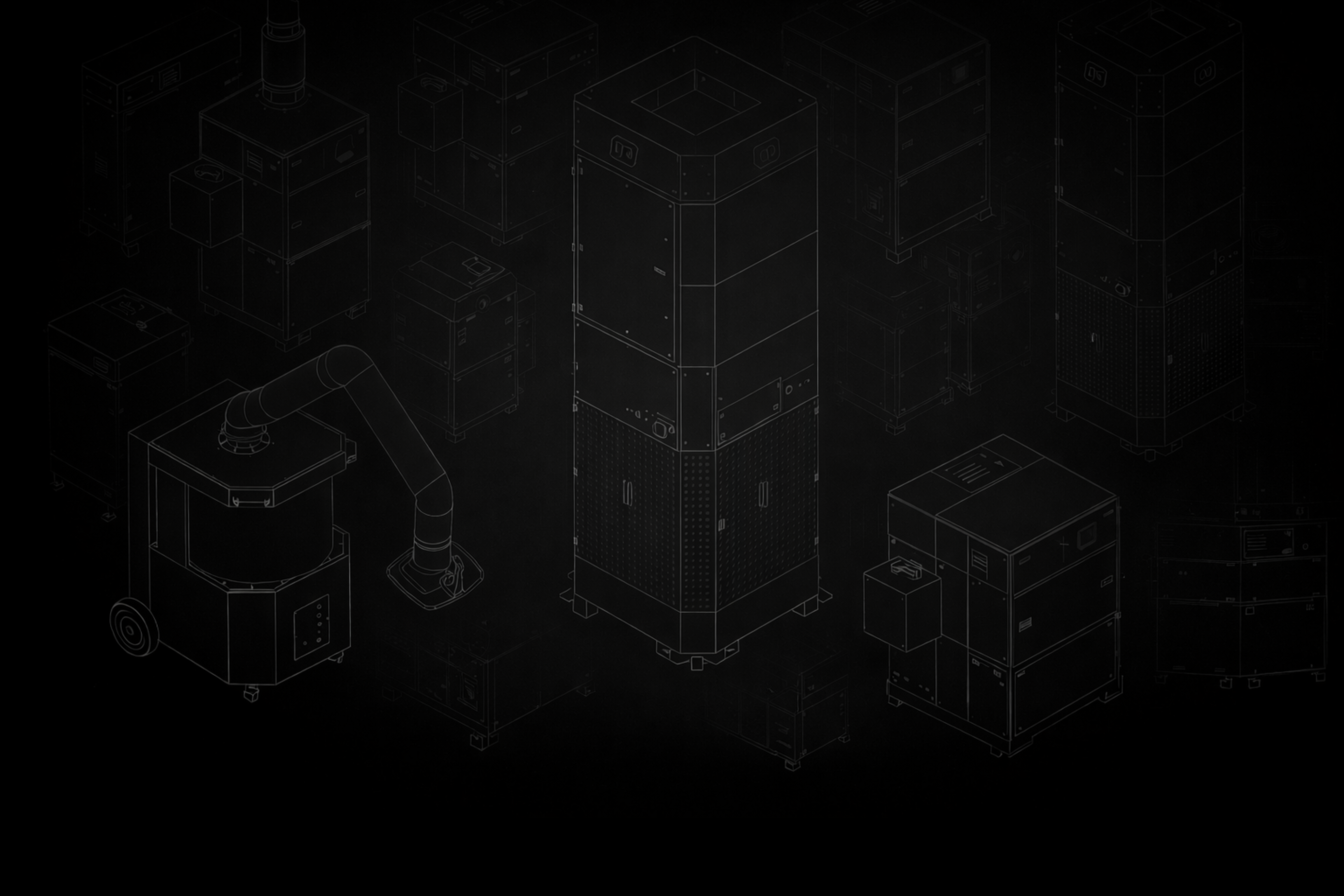 Technische Illustration mehrerer industrieller Absaug- und Filtersysteme für Rauch, Staub und Schweißrauch